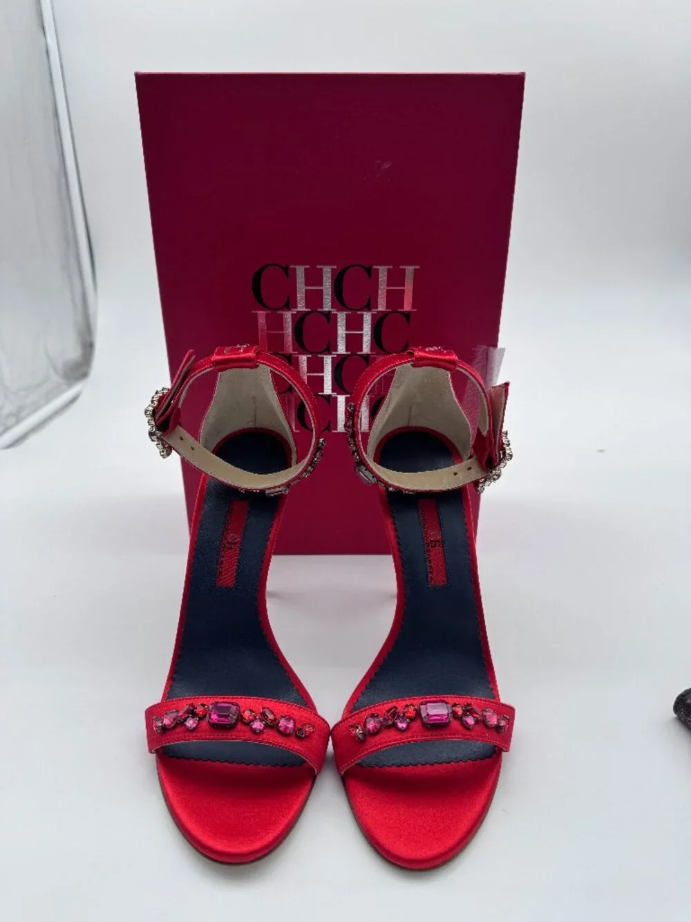 CH Carolina Herrera Red Satin Crystal Embellished Heels Size 36 Box